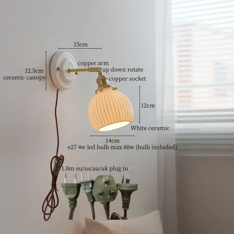 Vintage ceramic and brass wall sconce light bedroom pull chain