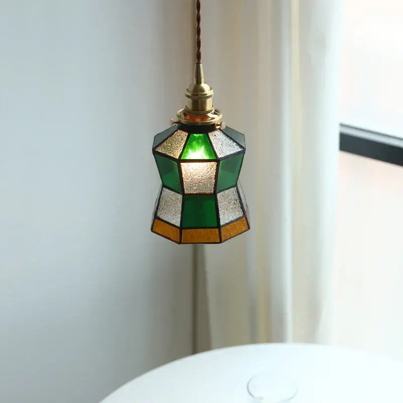 Vintage colorful glass tiffany pendant lamp dining room brass fixture