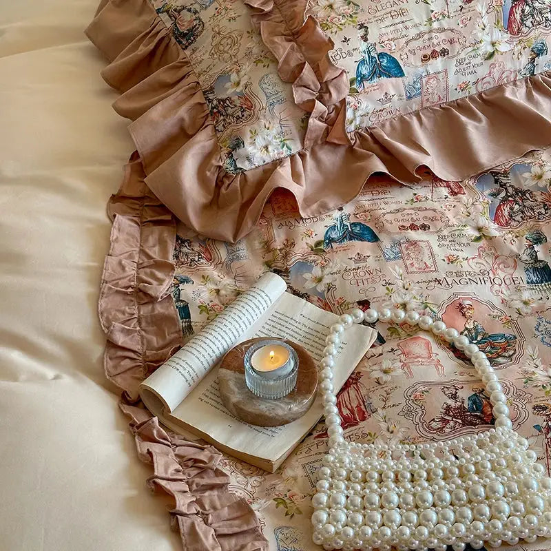 Vintage cream french print lace ruffles bedding set bedroom decor