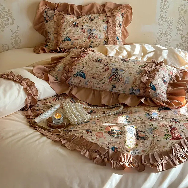 Vintage cream french print lace ruffles bedding set bedroom decor
