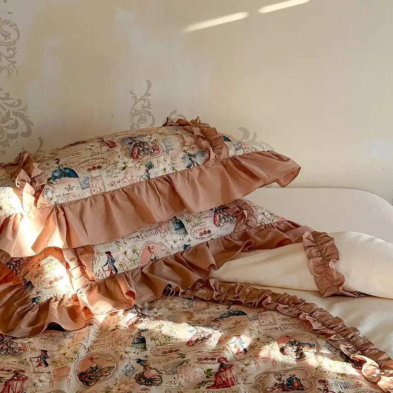 Vintage cream french print lace ruffles bedding set bedroom decor