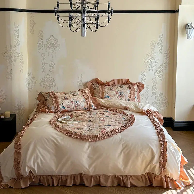 Vintage cream french print lace ruffles bedding set bedroom decor