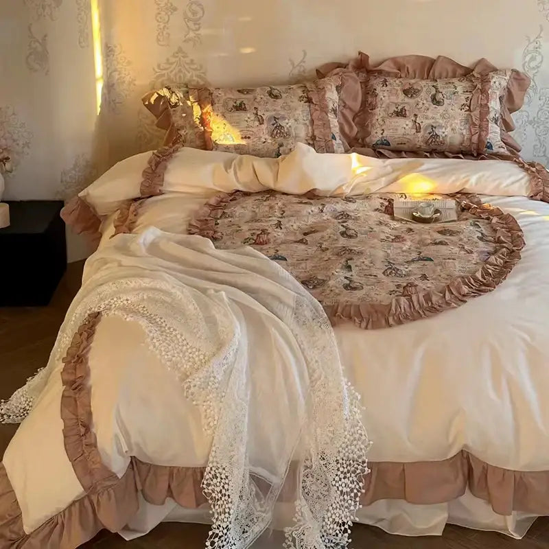 Vintage cream french print lace ruffles bedding set bedroom decor