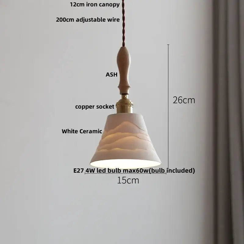 DecorBites™ Adjustable LED Pendant Lights Ash Wood White Ceramic Modern Hanging Lamp