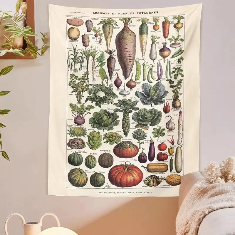 Vintage earth tone botanical plant chart tapestry kitchen wall art