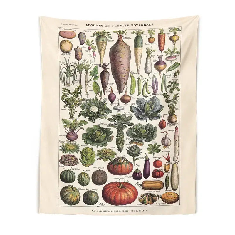 Vintage earth tone botanical plant chart tapestry kitchen wall art