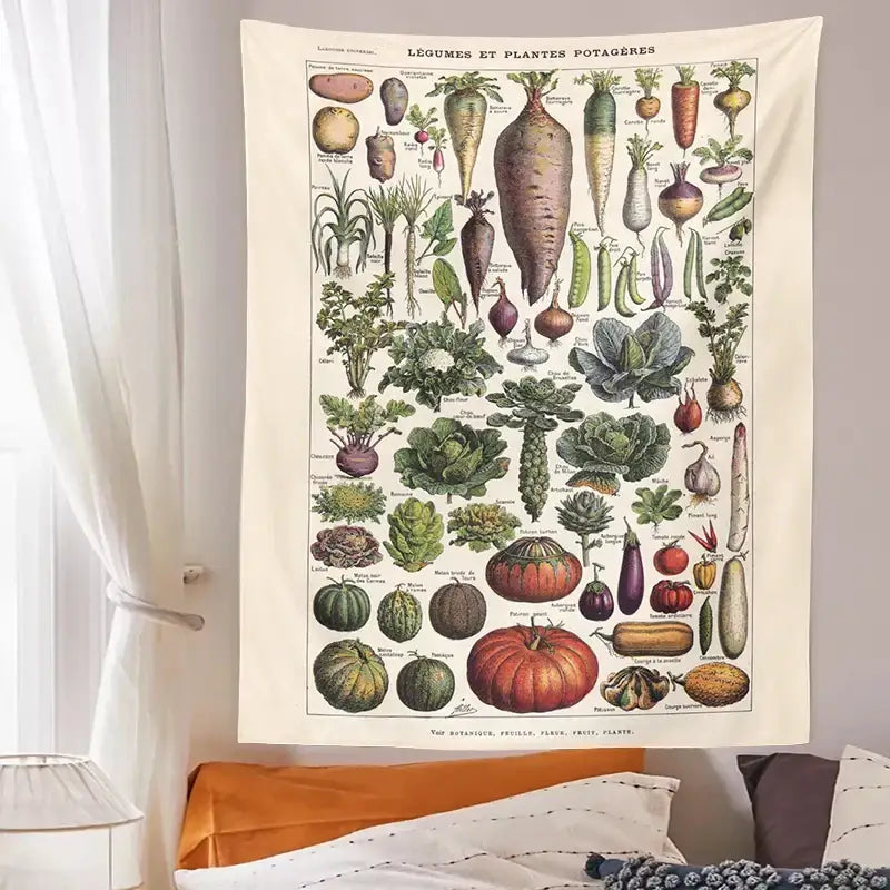 Vintage earth tone botanical plant chart tapestry kitchen wall art