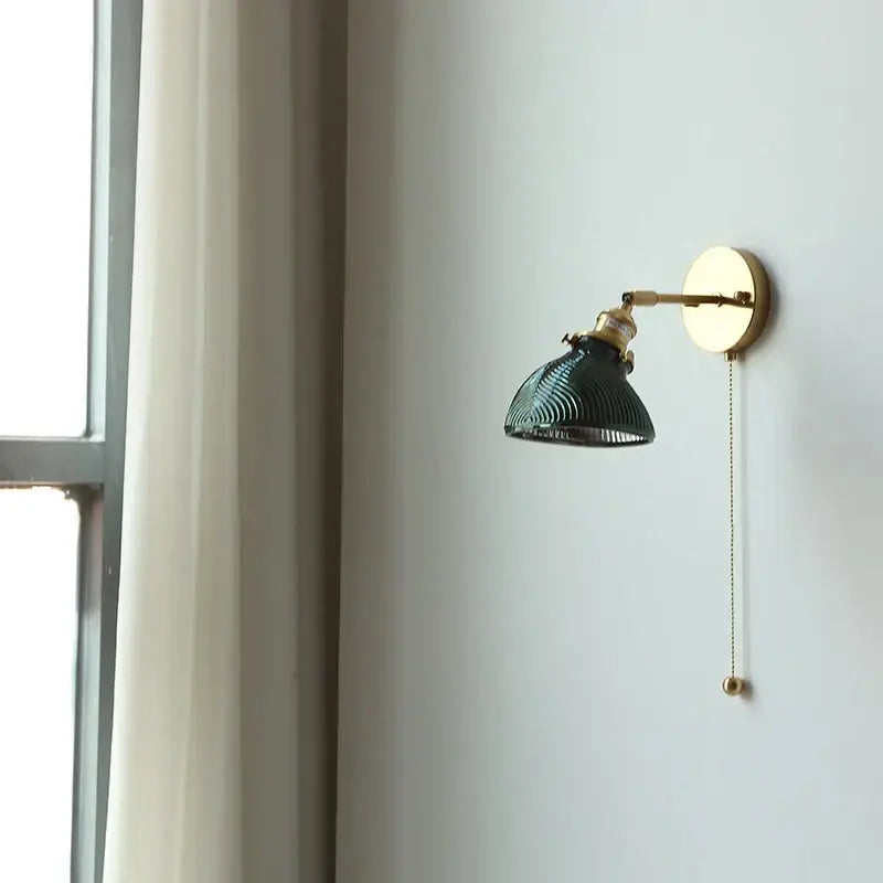 Vintage green glass led wall sconce bedroom brass stair light