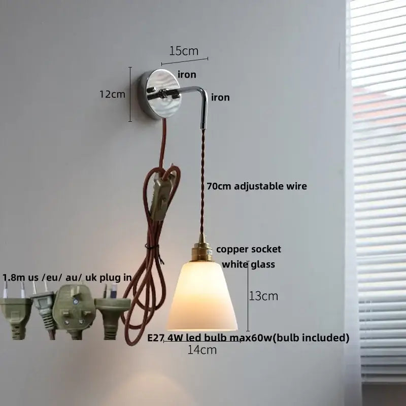 DecorBites™ Ceramic Canopy LED Wall Lamp, Adjustable Wire, Pull Chain Switch