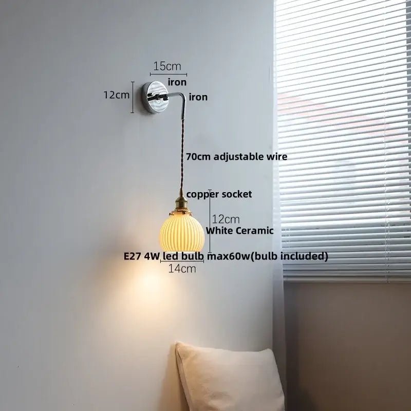 DecorBites™ Ceramic Canopy LED Wall Lamp, Adjustable Wire, Pull Chain Switch