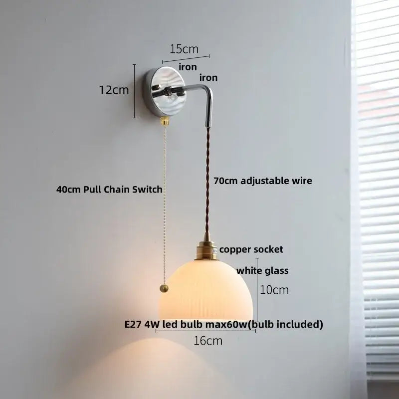 DecorBites™ Ceramic Canopy LED Wall Lamp, Adjustable Wire, Pull Chain Switch