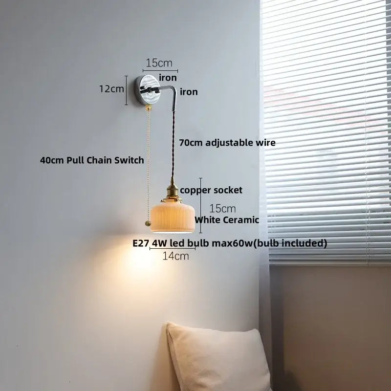 DecorBites™ Ceramic Canopy LED Wall Lamp, Adjustable Wire, Pull Chain Switch