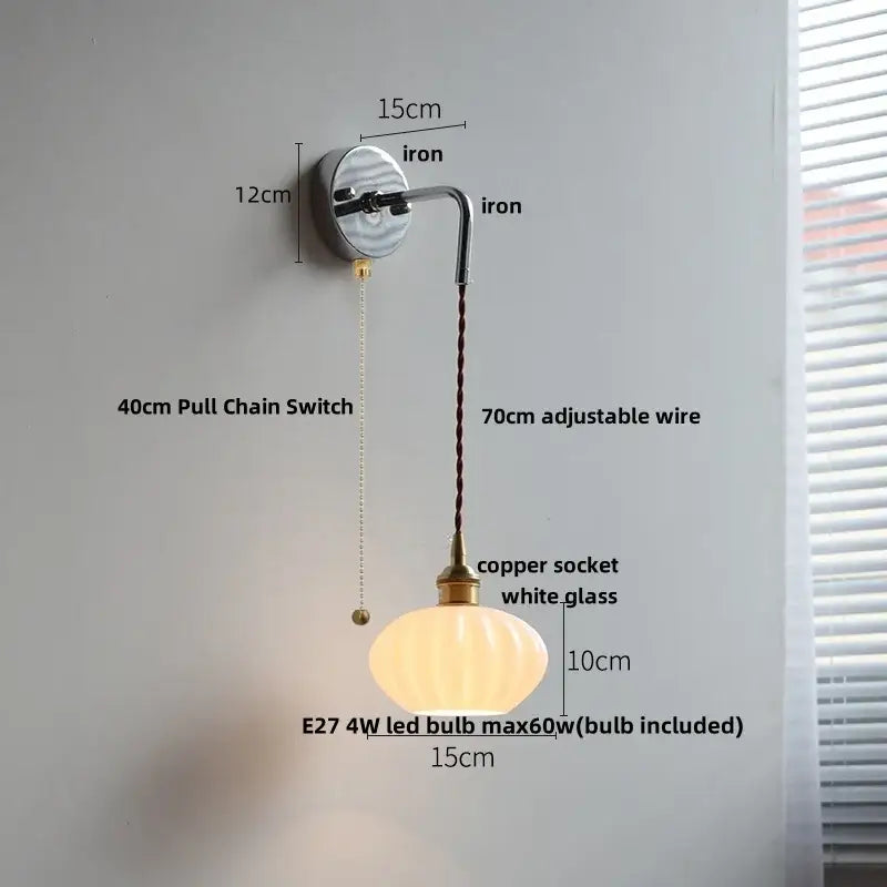 DecorBites™ Ceramic Canopy LED Wall Lamp, Adjustable Wire, Pull Chain Switch