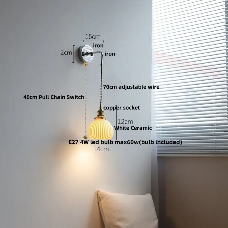 DecorBites™ Ceramic Canopy LED Wall Lamp, Adjustable Wire, Pull Chain Switch