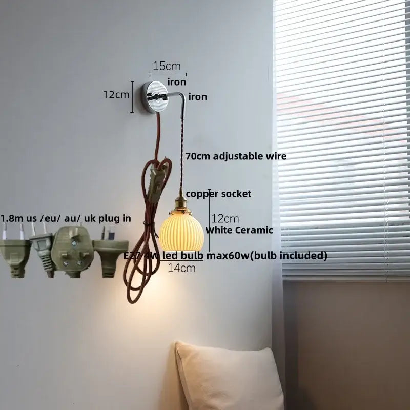 DecorBites™ Ceramic Canopy LED Wall Lamp, Adjustable Wire, Pull Chain Switch