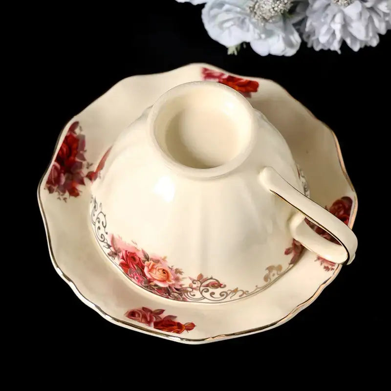 Vintage rose porcelain coffee mug with golden edge dining room set