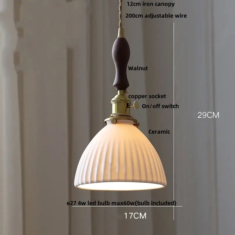 Vintage scalloped glass and walnut wood pendant light for dining room