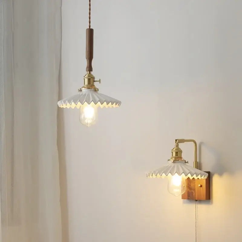 Vintage scalloped glass and walnut wood pendant light for dining room