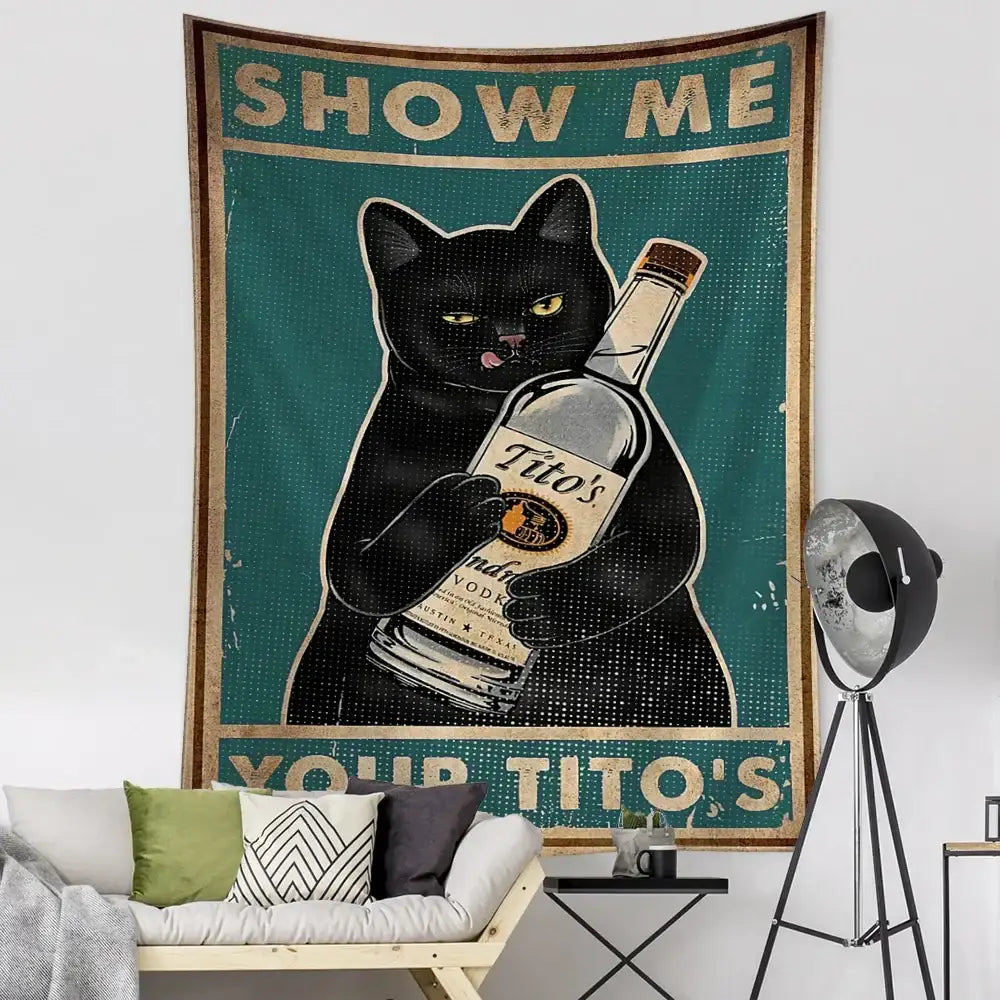 Vintage teal cat tarot tapestry – bedroom tito’s vodka wall decor