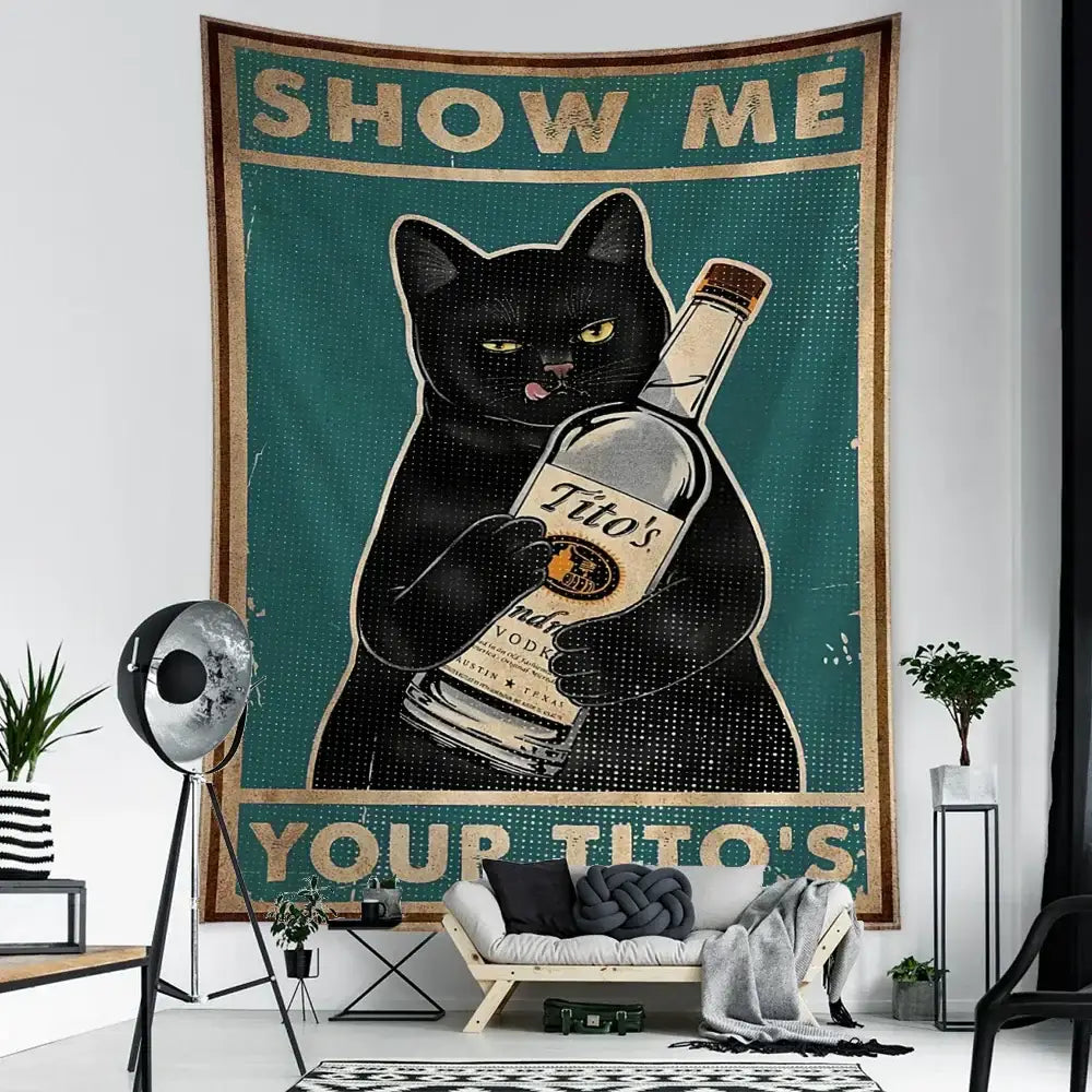 Vintage teal cat tarot tapestry – bedroom tito’s vodka wall decor