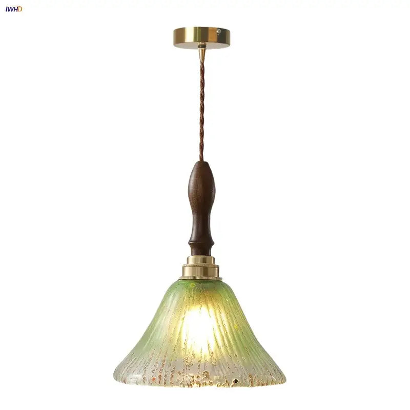 DecorBites™ LED Wood Walnut & Green Glass Pendant Light - Nordic Modern Style