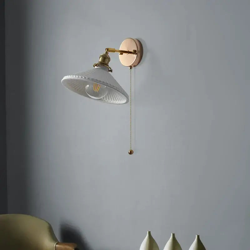 DecorBites™ Copper Canopy LED Wall Sconce, White Ceramic Bedside Light for Bedroom, Modern Nordic Design