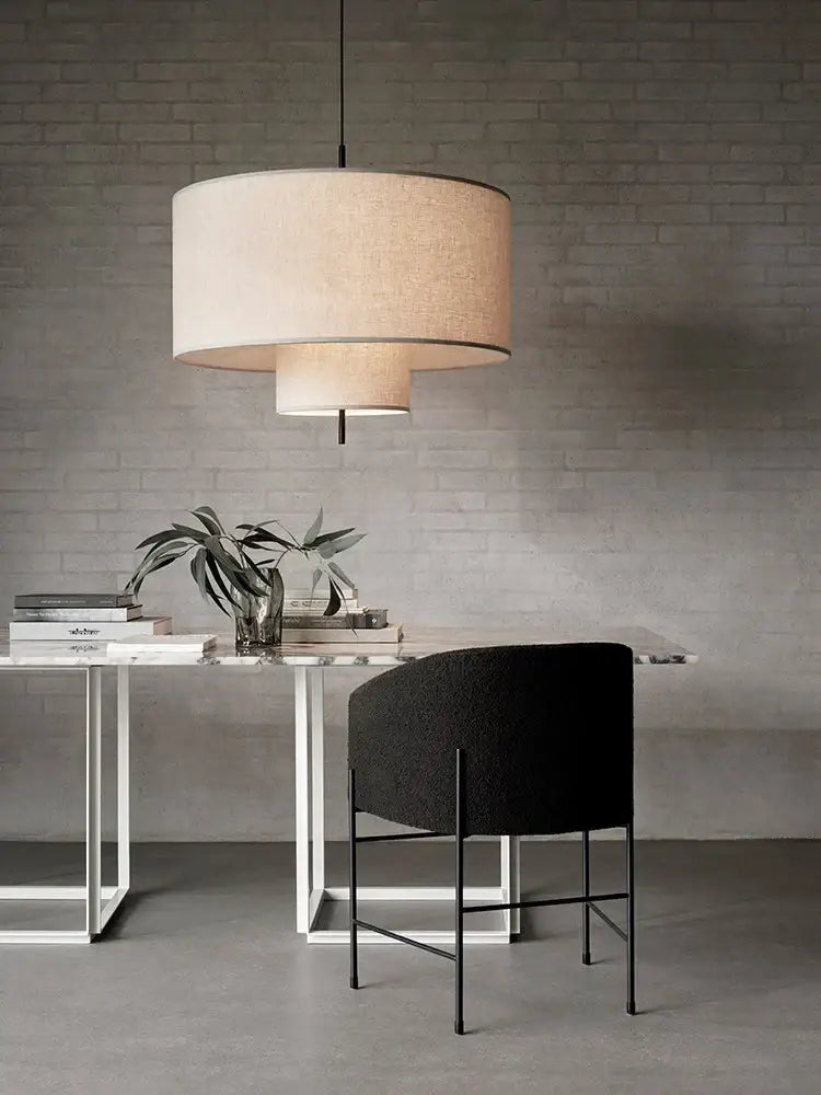 Wabi sabi beige linen cylindrical pendant lamps dining room decor