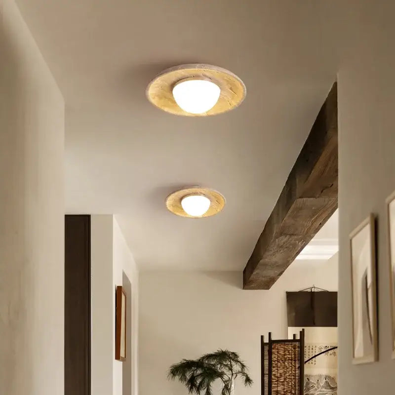 Wabi sabi travertine and wood ceiling lamp bedroom glass globe