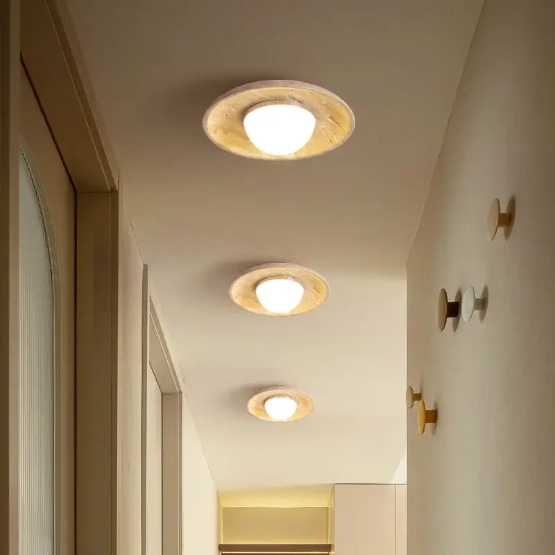 Wabi sabi travertine and wood ceiling lamp bedroom glass globe