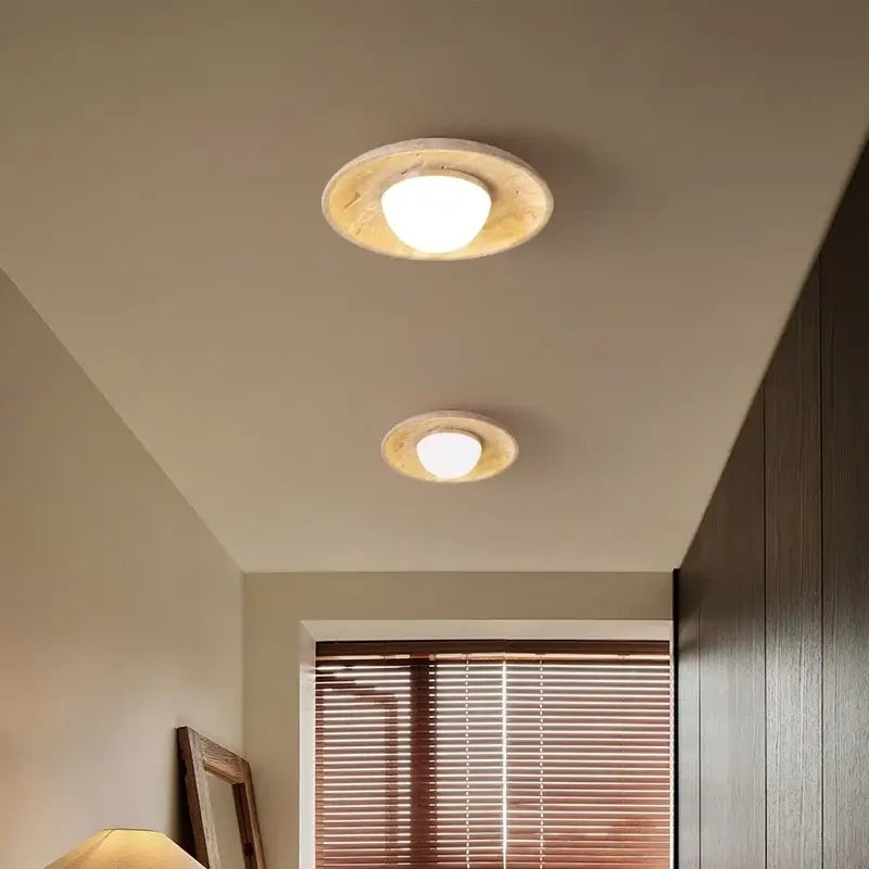 Wabi sabi travertine and wood ceiling lamp bedroom glass globe