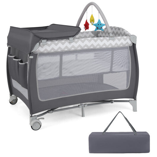 Babyjoy 3-in-1 Portable Baby Playard with Zippered Door and Toy Bar-Gray