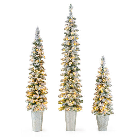 Costway Set of 3 Pre-Lit Snow Flocked Artificial Christmas Trees Decoration 3  4  5 FT