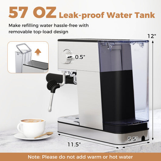 Espresso Machine 20 Bar Compact Stainless Steel Coffee Maker with Milk Frother-Silver