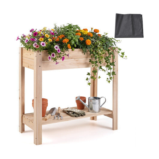 Wooden Raised Garden Bed with Legs  Storage Shelf  Liner  Drainage for Backyard