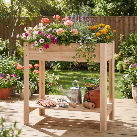 Wooden Raised Garden Bed with Legs  Storage Shelf  Liner  Drainage for Backyard