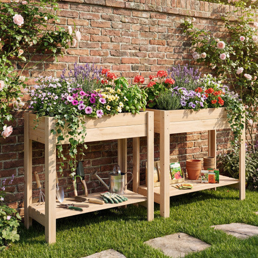 Wooden Raised Garden Bed with Legs  Storage Shelf  Liner  Drainage for Backyard