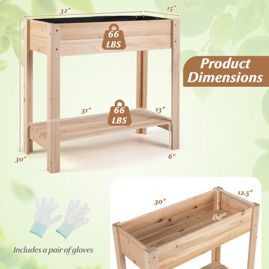 Wooden Raised Garden Bed with Legs  Storage Shelf  Liner  Drainage for Backyard