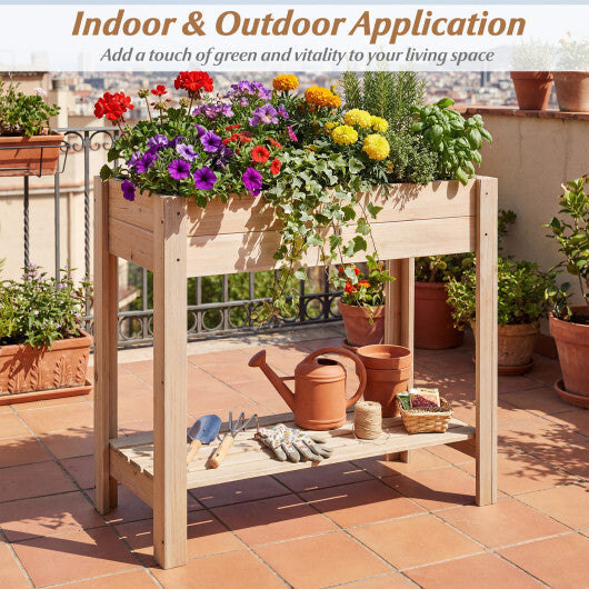 Wooden Raised Garden Bed with Legs  Storage Shelf  Liner  Drainage for Backyard