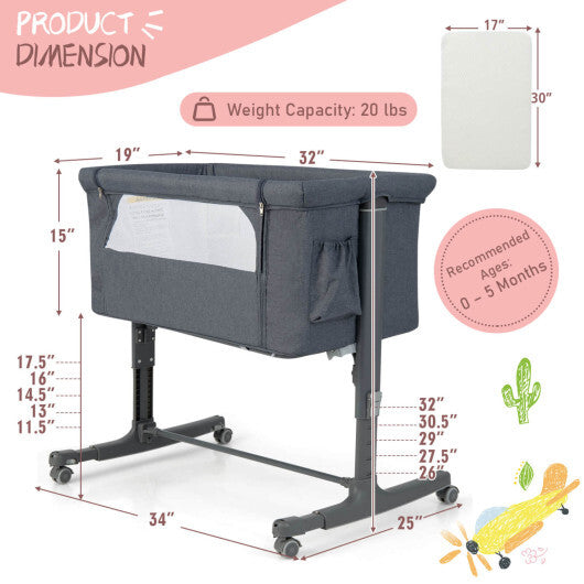 Babyjoy 3-in-1 Baby Bassinet Beside Sleeper Crib with 5-Level Adjustable Heights Gray