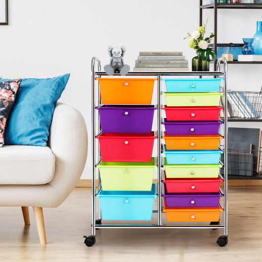 Costway 15-Drawer Utility Rolling Organizer Cart with Multi-Use Storage-Multicolor