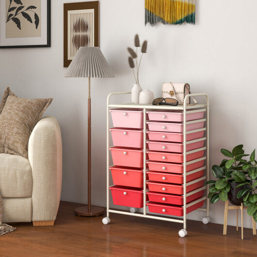 Costway 15-Drawer Utility Rolling Organizer Cart Multi-Use Storage-Gradient Pink