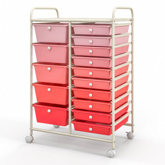 Costway 15-Drawer Utility Rolling Organizer Cart Multi-Use Storage-Gradient Pink