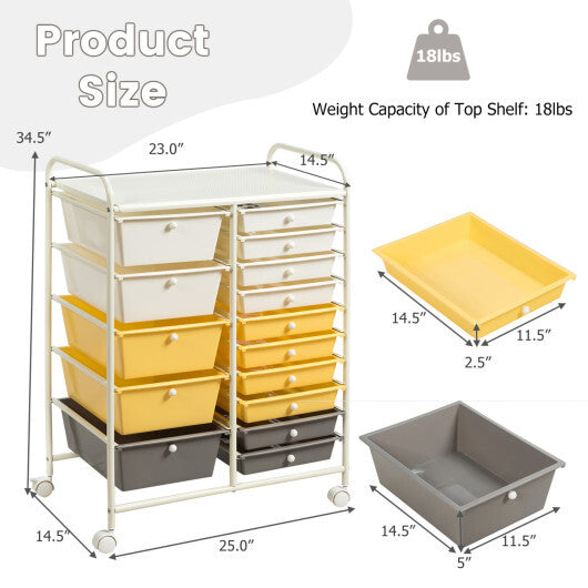 Costway 15-Drawer Storage Rolling Organizer Cart-Yellow