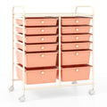 Costway 12-Drawer Rolling Storage Cart with Removable Drawers and Lockable Wheels-Peach