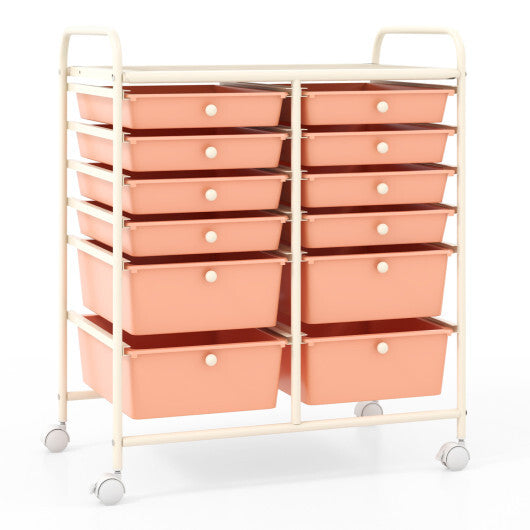 Costway 12-Drawer Rolling Storage Cart with Removable Drawers and Lockable Wheels-Peach