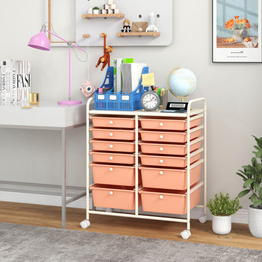 Costway 12-Drawer Rolling Storage Cart with Removable Drawers and Lockable Wheels-Peach