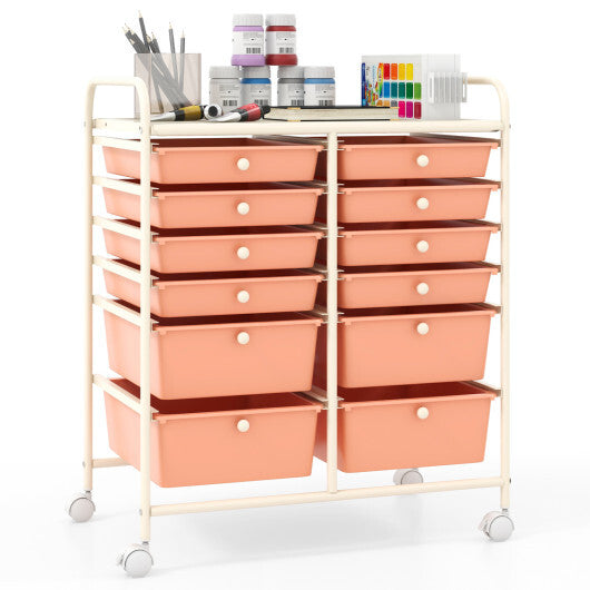 Costway 12-Drawer Rolling Storage Cart with Removable Drawers and Lockable Wheels-Peach