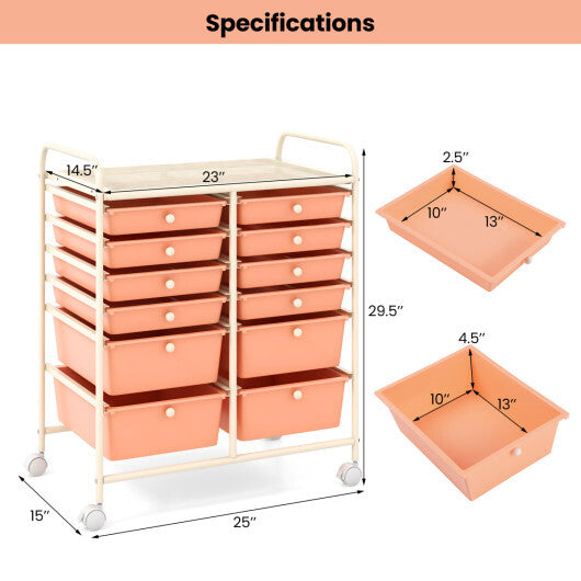 Costway 12-Drawer Rolling Storage Cart with Removable Drawers and Lockable Wheels-Peach