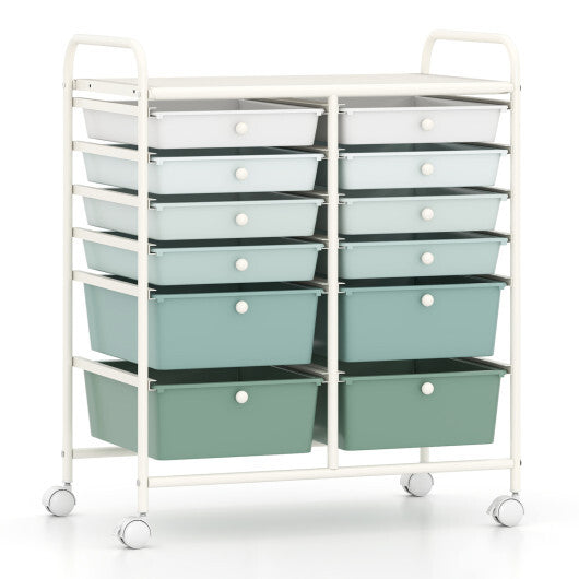 Costway 12-Drawer Rolling Storage Cart with Removable Drawers and Lockable Wheels-Green Gradient