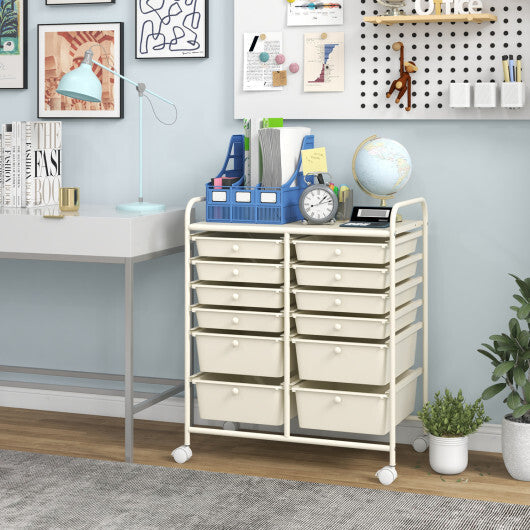Costway 12-Drawer Rolling Storage Cart with Removable Drawers and Lockable Wheels-Beige